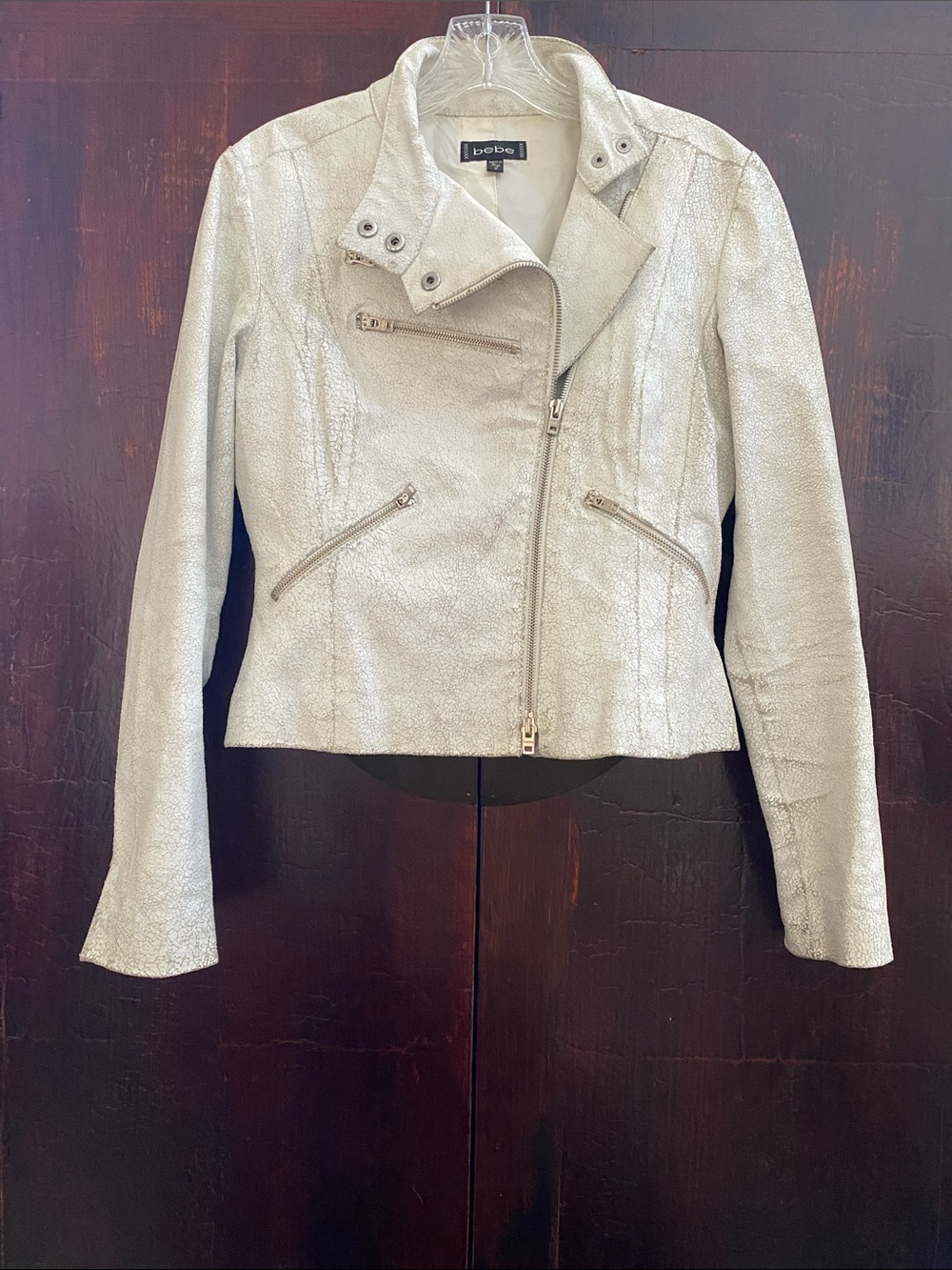bebe White Textured Asymmetrical Moto Leather Jacket